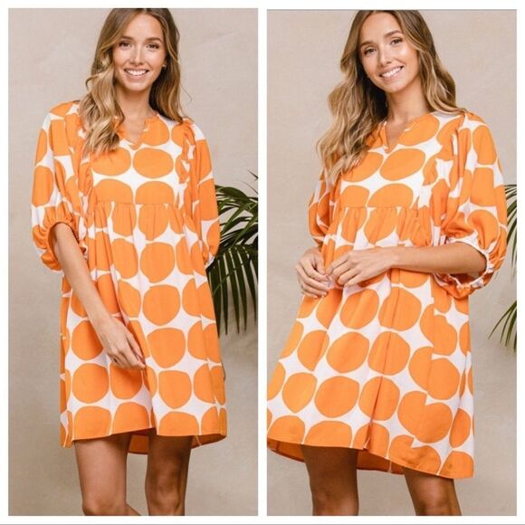 🔥 “Martine” large orange polkadot short sleeve swing dress - Picture 3 of 6